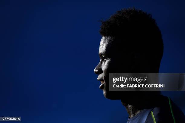 Switzerland's forward Breel Embolo looks on during a training session at Torpedo Stadium in Tolyatti, also known as Togliatti, on June 18 during the...