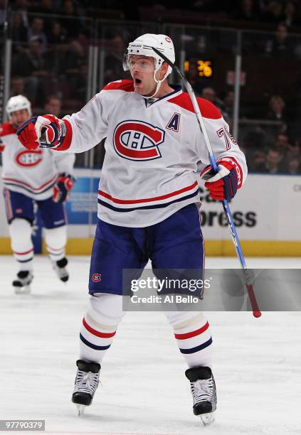 Andrei Markov of the Montreal Canadiens celebrates his assist on a goal against the New York Rangers during their game on March 16, 2010 at Madison...