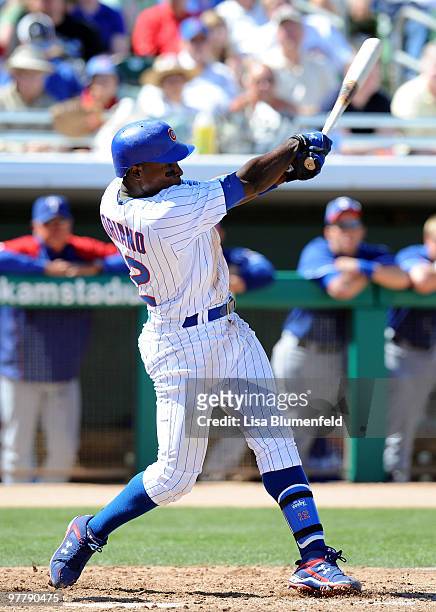 Alfonso Soriano of the Chicago Cubs bats during a spring training game against the Texas Rangers on March 16, 2010 at HoHoKam Park in Mesa, Arizona.