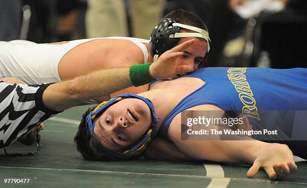 Nick Grinups of Westfields wearing white in his match against Robinson's Wes Jones. This is a 160lb match. Battlefield Duals Wrestling Tournament at...