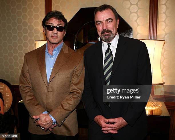 Actors Sylvester Stallone and Tom Selleck attend the Lionsgate 2010 ShoWest cocktail party during ShoWest 2010 held at Bellagio Las Vegas on March...