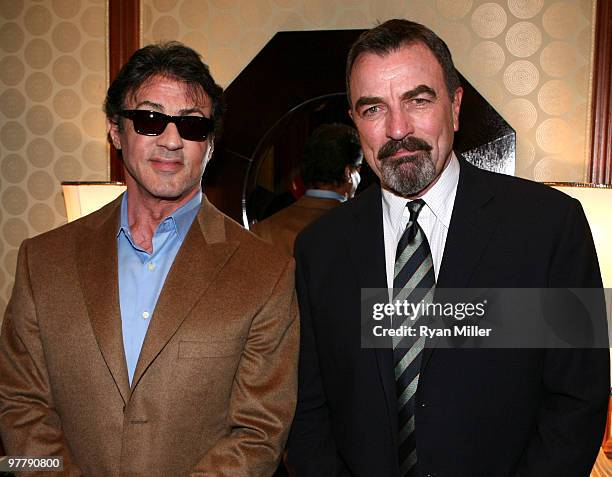Actors Sylvester Stallone and Tom Selleck attend the Lionsgate 2010 ShoWest cocktail party during ShoWest 2010 held at Bellagio Las Vegas on March...