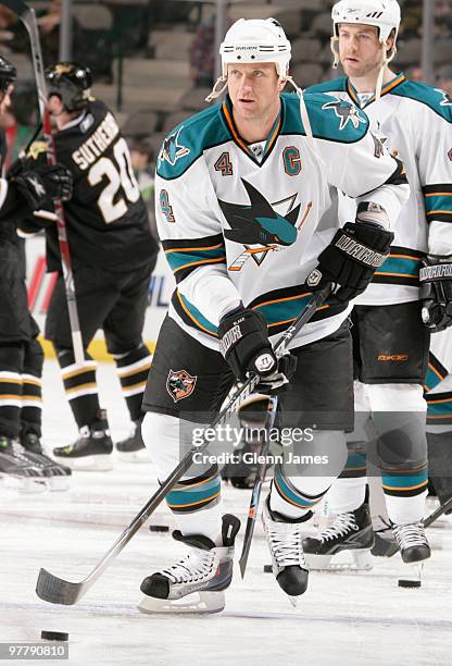 Rob Blake of the San Jose Sharks skates during pre-game warm-ups against the Dallas Stars on March 16, 2010 at the American Airlines Center in...