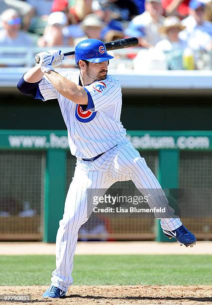 Xavier Nady of the Chicago Cubs bats during a spring training game against the Texas Rangers on March 16, 2010 at HoHoKam Park in Mesa, Arizona.