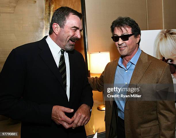 Actors Tom Selleck and Sylvester Stallone attend the Lionsgate 2010 ShoWest cocktail party during ShoWest 2010 held at Bellagio Las Vegas on March...