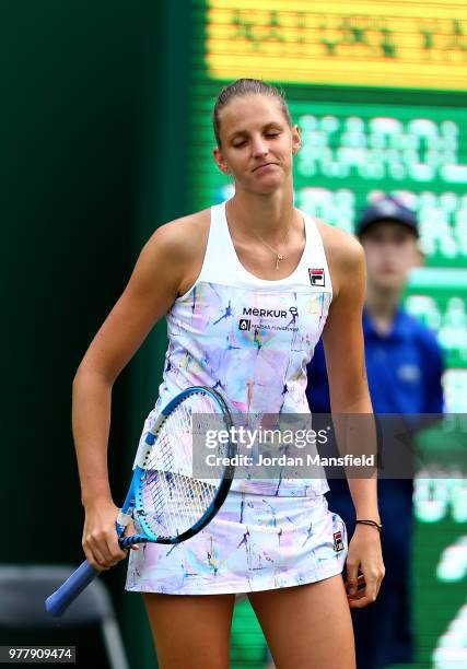 Karolina Pliskova of the Czech Republic looks dejected during her round of 32 match against Magdalena Rybarikova of Slovakia during day three of the...