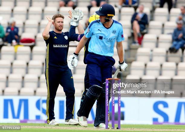 Hampshire's Liam Dawson celebrates taking the wicket of Yorkshire's Matt Fisher during the Royal London One Day Cup, semi final at The Ageas Bowl,...