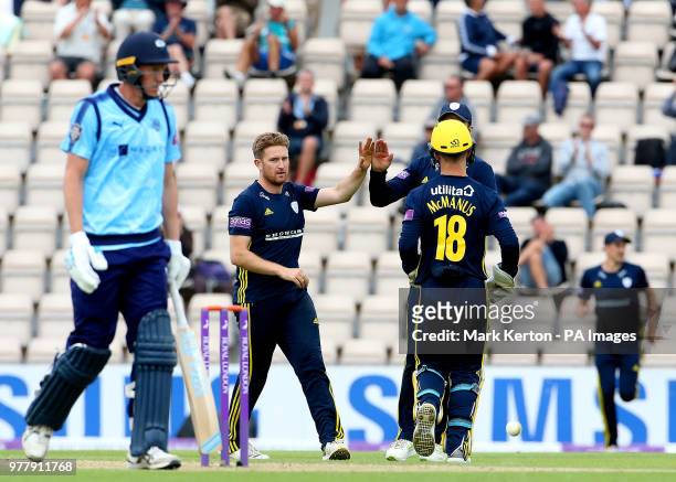 Hampshire's Liam Dawson celebrates taking the wicket of Yorkshire's Steven Patterson during the Royal London One Day Cup, semi final at The Ageas...