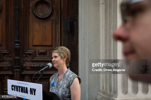 New York gubernatorial candidate Cynthia Nixon speaks about her campaign finance reform plan during a small news conference, outside the Old New York...