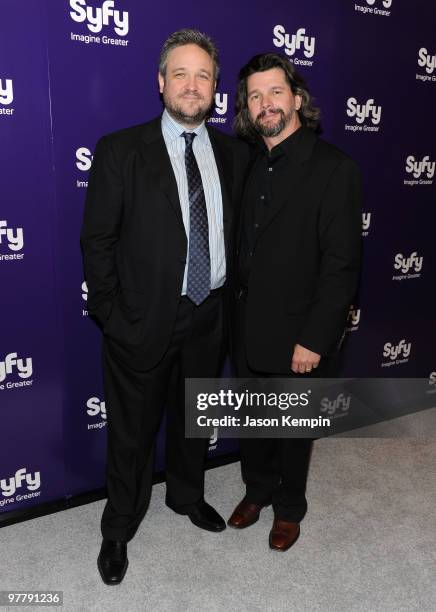 Executive Producers of Caprica David Eick and Ronald D. Moore attend the 2010 Syfy Upfront party at The Museum of Modern Art on March 16, 2010 in New...