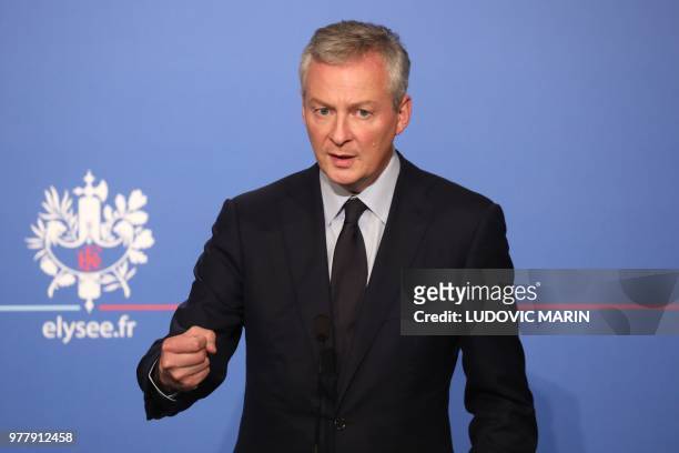 French Economy Minister Bruno Le Maire speaks during a press briefing about the Pacte bill, the Action Plan for the Growth and Transformation of...