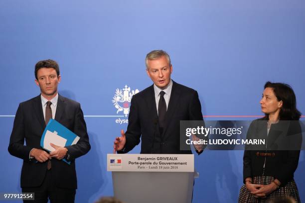 French Government's Spokesperson Benjamin Griveaux, French Economy Minister Bruno Le Maire and French Junior Minister for Economy Delphine...