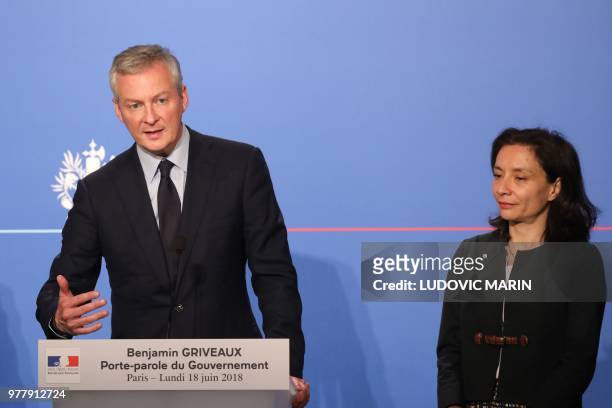 French Economy Minister Bruno Le Maire and French Junior Minister for Economy Delphine Geny-Stephann attend a press briefing about the Pacte bill,...