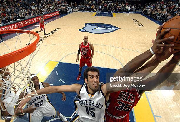 Hamed Haddadi of the Memphis Grizzlies rebounds against Chris Richard of the Chicago Bulls on March 16, 2010 at FedExForum in Memphis, Tennessee....