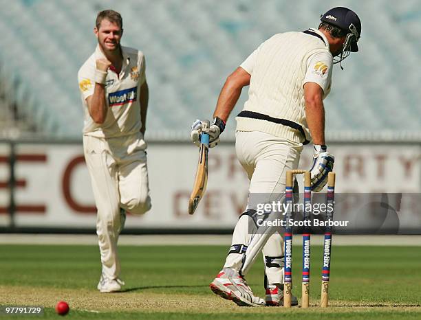 Chris Swan of the Bulls celebrates after bowling Nick Jewell of the Bushrangers during day one of the Sheffield Shield Final between the Victorian...