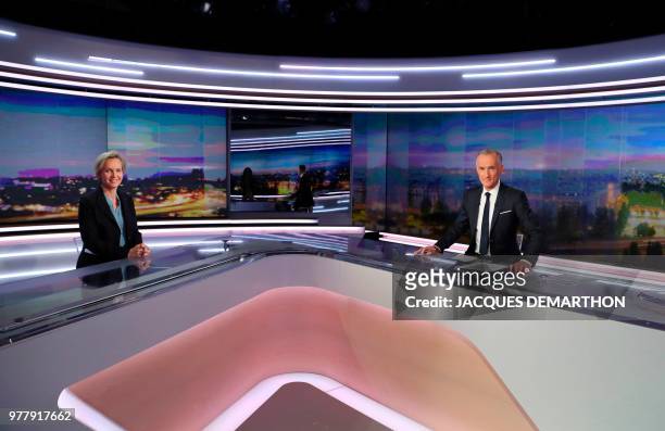 Bordeaux Deputy Mayor and former vice president of French opposition Les Republicains party Virginie Calmels poses with host Gilles Bouleau before...