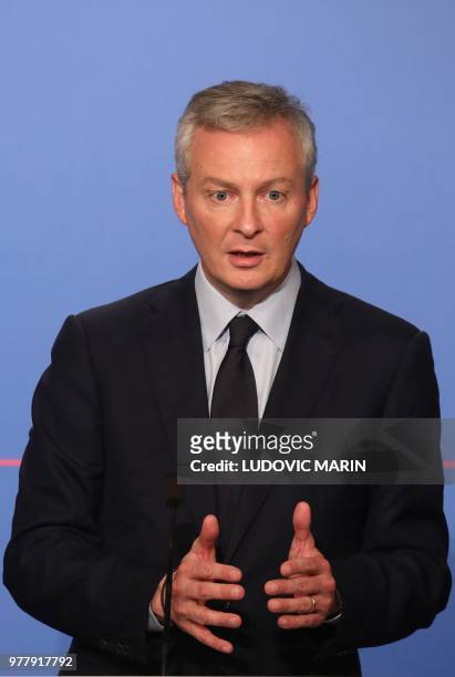 French Economy Minister Bruno Le Maire speaks during a press briefing about the Pacte bill, the Action Plan for the Growth and Transformation of...