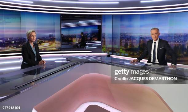 Bordeaux Deputy Mayor and former vice president of French opposition Les Republicains party Virginie Calmels poses with host Gilles Bouleau before...