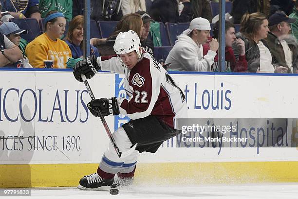 Scott Hannan of the Colorado Avalanche skates against the St. Louis Blues on March 16, 2010 at Scottrade Center in St. Louis, Missouri.