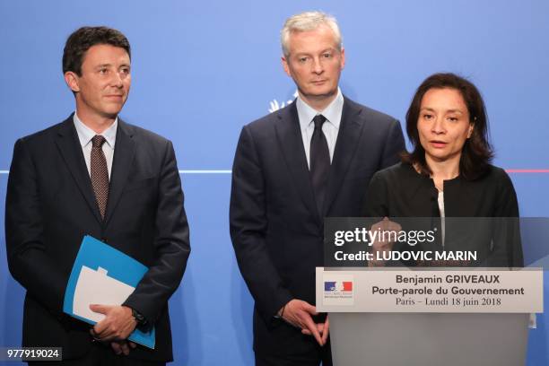 French Government's Spokesperson Benjamin Griveaux, French Economy Minister Bruno Le Maire and French Junior Minister for Economy Delphine...