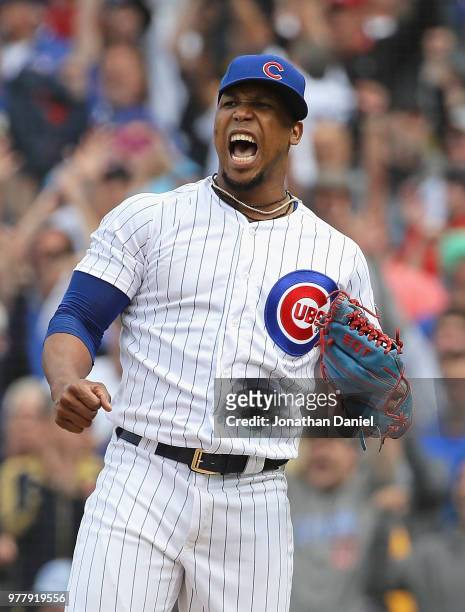 Pedro Strop of the Chicago Cubs celebrates a win against the Pittsburgh Pirates at Wrigley Field on June 8, 2018 in Chicago, Illinois. The Cubs...