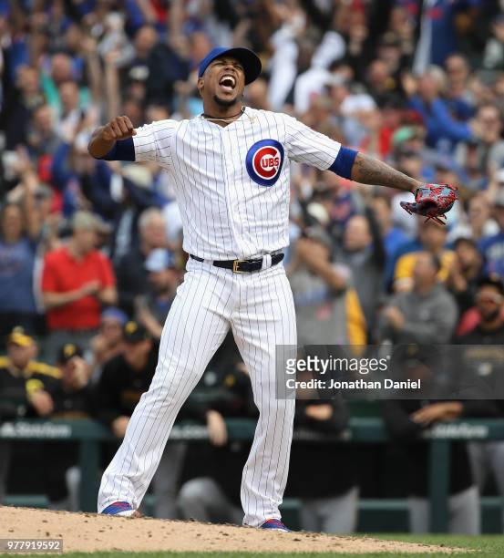Pedro Strop of the Chicago Cubs celebrates a win against the Pittsburgh Pirates at Wrigley Field on June 8, 2018 in Chicago, Illinois. The Cubs...