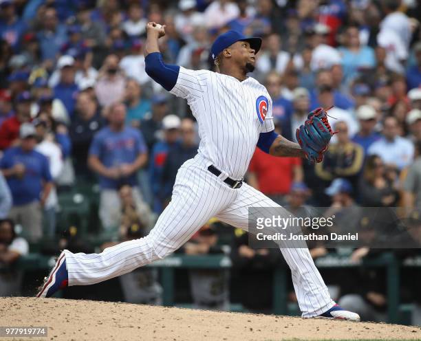 Pedro Strop of the Chicago Cubs pitches for a save in the 9th inning against the Pittsburgh Pirates at Wrigley Field on June 8, 2018 in Chicago,...