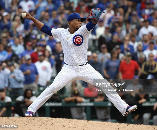 Pedro Strop of the Chicago Cubs pitches for a save in the 9th inning against the Pittsburgh Pirates at Wrigley Field on June 8, 2018 in Chicago,...