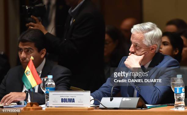 Bolivia's Vice-President Alvaro Garcia Linera attends the Mercosur Summit in Luque, Paraguay, on June 18, 2018. - During the South American trading...