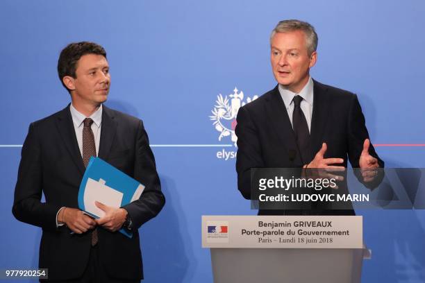 French Economy Minister Bruno Le Maire speaks as French Government's Spokesperson Benjamin Griveaux looks on during a press briefing about the Pacte...