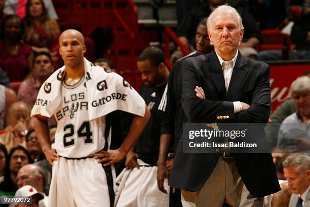 San Antonio Spurs head coach Gregg Popovich watches his team play against the Miami Heat on March 16, 2010 at American Airlines Arena in Miami,...