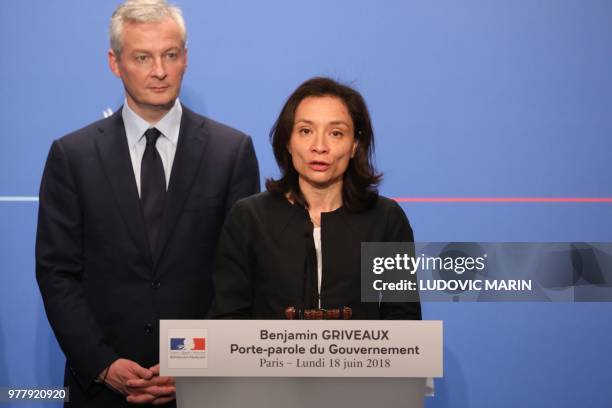 French Junior Minister for Economy Delphine Geny-Stephann speaks as French Economy Minister Bruno Le Maire looks on during a press briefing about the...