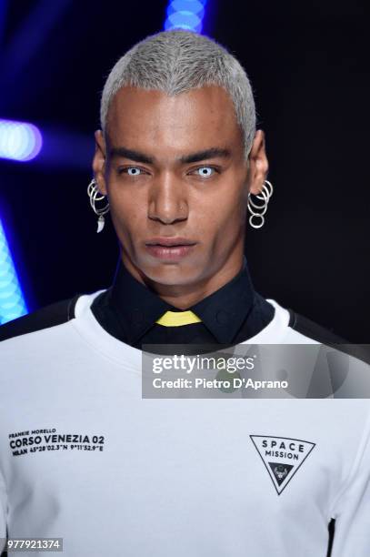 Model walks the runway at the Frankie Morello show during Milan Men's Fashion Week Spring/Summer 2019 on June 18, 2018 in Milan, Italy.