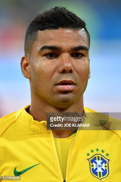 Brazil's midfielder Casemiro poses prior to the Russia 2018 World Cup Group E football match between Brazil and Switzerland at the Rostov Arena in...