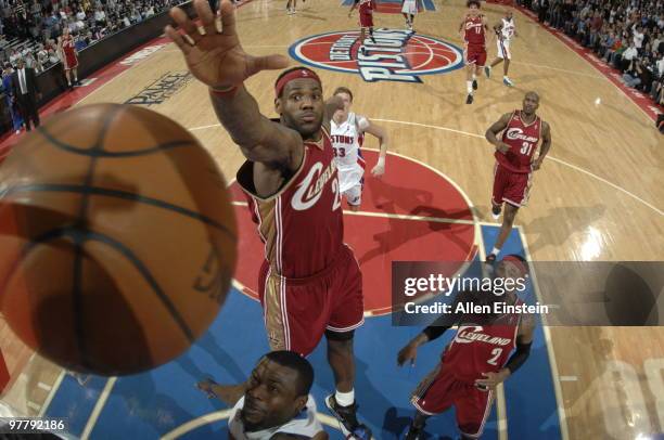 LeBron James of the Cleveland Cavaliers goes up for a block against Will Bynum of the Detroit Pistons in a game at the Palace of Auburn Hills on...