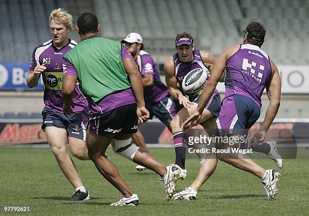 Storm players perform drills during a Melbourne Storm NRL training session at Princes Park on March 17, 2010 in Melbourne, Australia.