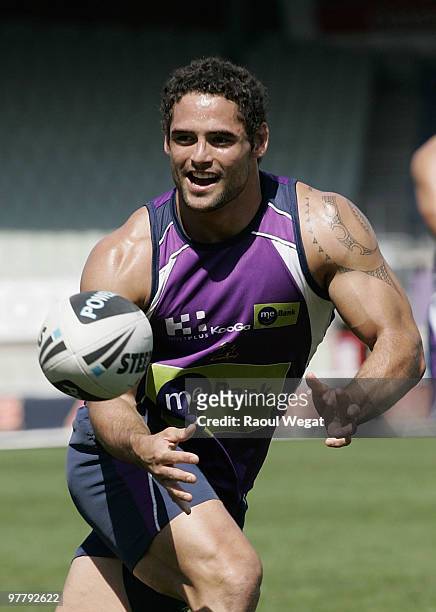 Hep Cahill passes the ball during a Melbourne Storm NRL training session at Princes Park on March 17, 2010 in Melbourne, Australia.