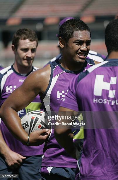 Louis Fanene looks on during a Melbourne Storm NRL training session at Princes Park on March 17, 2010 in Melbourne, Australia.