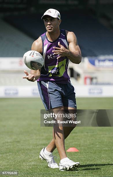 Justin O'Neill passes the ball during a Melbourne Storm NRL training session at Princes Park on March 17, 2010 in Melbourne, Australia.