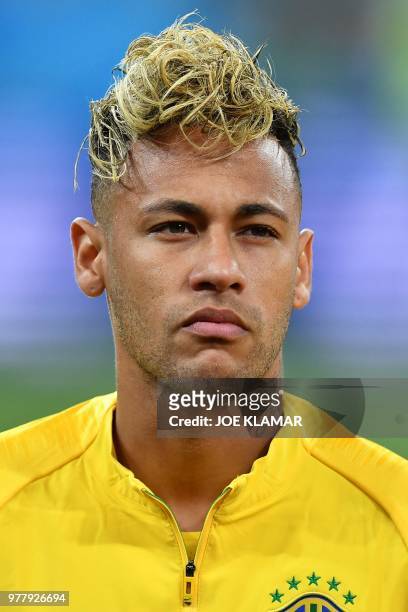 Brazil's forward Neymar poses prior to the Russia 2018 World Cup Group E football match between Brazil and Switzerland at the Rostov Arena in...