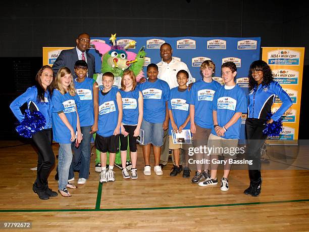Basketball Hall of Famer Bob Lanier, mascot "Stuff", Orlando Magic legend Nick Anderson and the Magic Dancers launch the Vaccines for Teens national...