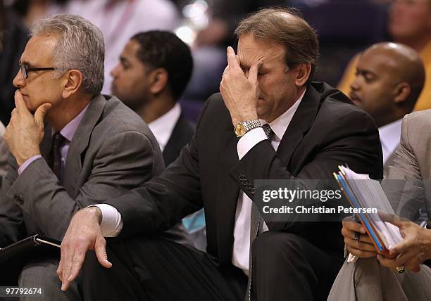 Head coach Kurt Rambis of the Minnesota Timberwolves reacts during the NBA game against the Phoenix Suns at US Airways Center on March 16, 2010 in...