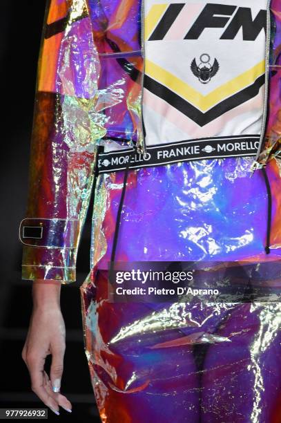 Model, fashion detail, walks the runway at the Frankie Morello show during Milan Men's Fashion Week Spring/Summer 2019 on June 18, 2018 in Milan,...