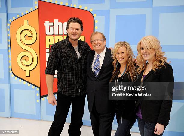 Musician Blake Shelton, host Drew Carey and singers Kristy Osmunson and Kelley Shepard of Bomshel appear on "The Price is Right" at CBS Television...