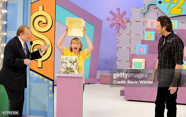 Host Drew Carey and musician Blake Shelton appear on "The Price is Right" at CBS Television City on March 16, 2010 in Los Angeles, California.