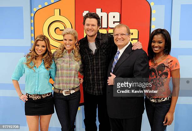 Models Amber Lancaster and Rachel Reynolds, musician Blake Shelton, host Drew Carey and model Lanisha Cole appear on "The Price is Right" at CBS...