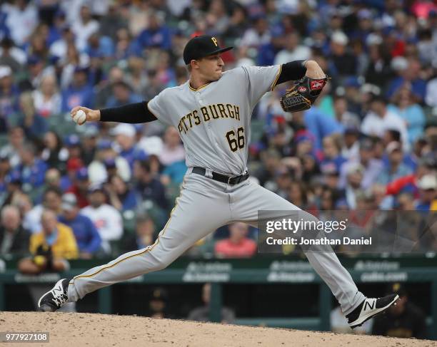 Dovydas Neverauskas of the Pittsburgh Pirates pitches against the Chicago Cubs at Wrigley Field on June 8, 2018 in Chicago, Illinois. The Cubs...