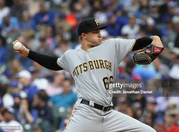 Dovydas Neverauskas of the Pittsburgh Pirates pitches against the Chicago Cubs at Wrigley Field on June 8, 2018 in Chicago, Illinois. The Cubs...