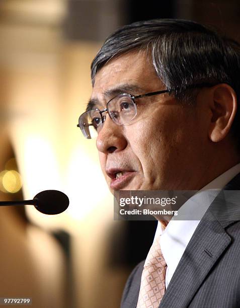 Haruhiko Kuroda, president of Asian Development Bank , speaks at the Foreign Correspondents' Club of Japan in Tokyo, Japan, on Wednesday, March 17,...