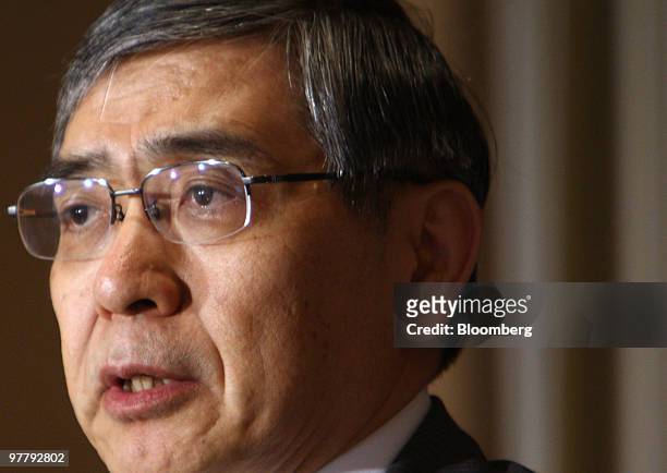 Haruhiko Kuroda, president of Asian Development Bank , speaks at the Foreign Correspondents' Club of Japan in Tokyo, Japan, on Wednesday, March 17,...